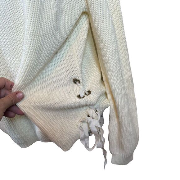 Sundance White Cable Knit Cotton Side Lace Detail Crew Neck Sweater Size Large - Picture 2 of 8